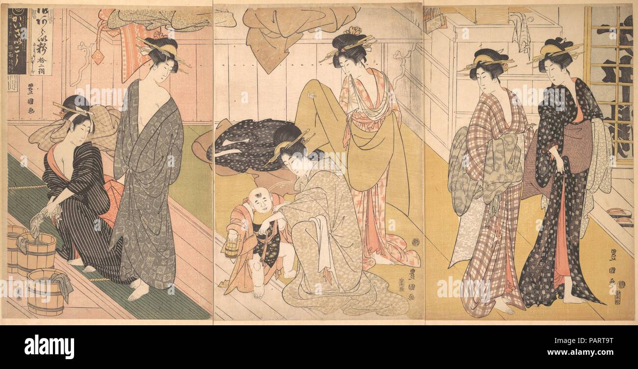 Women and an Infant Boy in a Public Bath House. Artist: Utagawa Toyokuni I (Japanese, 1769-1825). Culture: Japan. Dimensions: Each sheet: 15 x 10 in. (38.1 x 25.4 cm). Date: ca. 1799.  Here, Toyokuni, Utagawa Kunisada's master, elegantly portrays a scene of everyday life at a public bathhouse. After their baths, the women relax and turn their attention to the toddler at the center. Museum: Metropolitan Museum of Art, New York, USA. Stock Photo