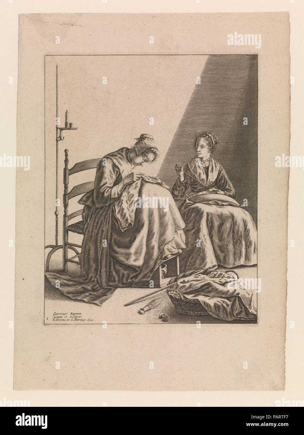 Two Women Sewing, Plate 1 from Five Feminine Occupations. Artist: Geertruydt Roghman (Dutch, Amsterdam 1625-1651/57 Amsterdam (?)). Dimensions: Plate: 8 3/8 x 6 1/2 in. (21.2 x 16.5 cm)  Sheet: 11 1/2 x 8 5/16 in. (29.2 x 21.1 cm). Publisher: Covens et Mortier (Dutch, 17th century). Date: ca. 1640-57.  Roghman, from an Amsterdam family of artists, is known for some reproductive prints and her original suite of five engravings, 'Household Tasks': sewing, spinning, reading (?), cooking, and cleaning cookware (see 56.550.2-.6). The two subjects set in kitchens are unusual in that the solitary mai Stock Photo