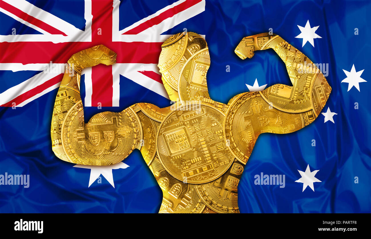 cryptocurrency mining business concept: powerful Australian Bitcoin and  growth. American Flag and bodybuilder shaped Bitcoin crypto currency.  Financial concept of exchange rate of Bitcoins in Dollars Stock Photo -  Alamy