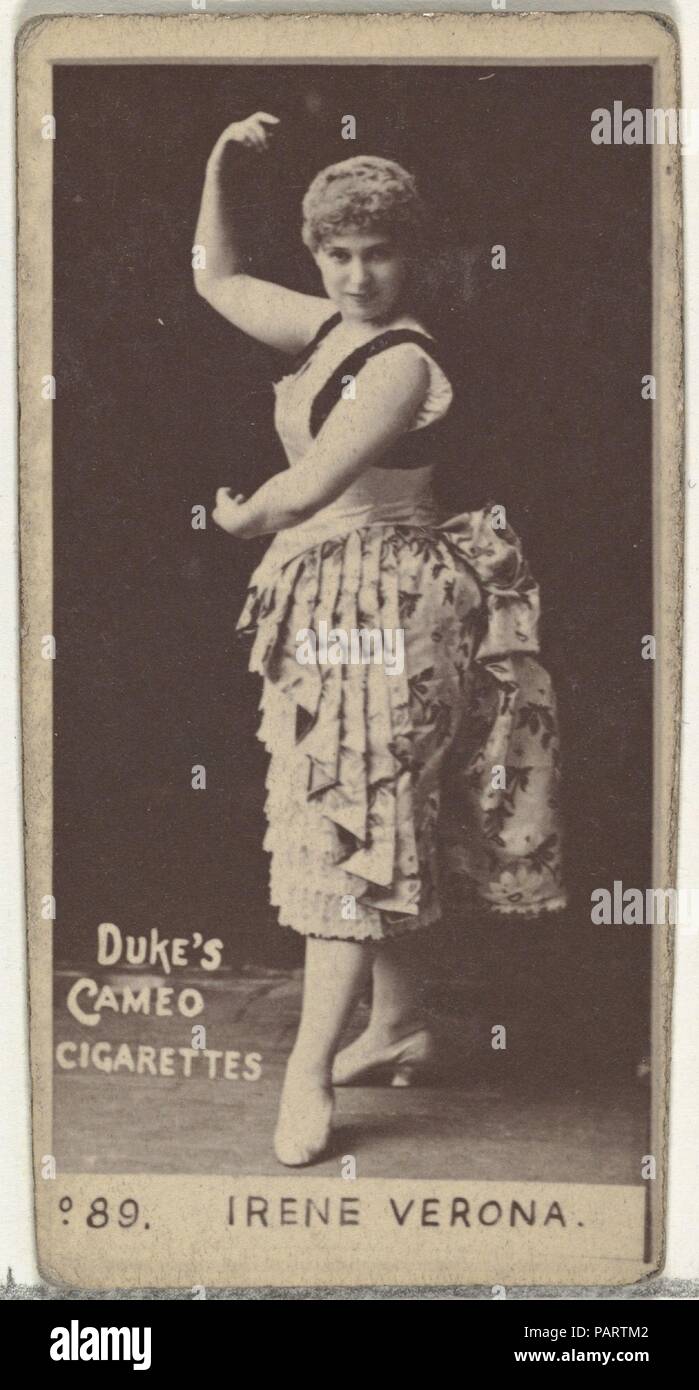 Card Number 89, Irene Verona, from the Actors and Actresses series (N145-4) issued by Duke Sons & Co. to promote Cameo Cigarettes. Dimensions: Sheet: 2 11/16 × 1 3/8 in. (6.8 × 3.5 cm). Publisher: Issued by W. Duke, Sons & Co. (New York and Durham, N.C.). Date: 1880s.  Trade cards from the set 'Actors and Actresses' (N145-4), issued in the 1880s by W. Duke Sons & Co. to promote Cameo Cigarettes. There are eight subsets of the N145 series. Various subsets sport different card designs and also promote different tobacco brands represented by W. Duke Sons & Company. This card is from the fourth su Stock Photo