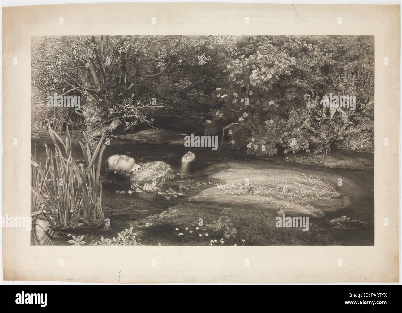 Ophelia (Shakespeare, Hamlet, Act 4, Scene 7). Artist: After Sir John Everett Millais (British, Southampton 1829-1896 London). Dimensions: Image: 20 11/16 in. × 34 in. (52.5 × 86.3 cm)  Plate: 25 7/16 × 37 1/16 in. (64.6 × 94.2 cm)  Sheet: 27 3/8 x 39 3/16 in. (69.5 x 99.5 cm)  Chine collé: 24 5/16 × 35 13/16 in. (61.7 × 90.9 cm). Engraver: James Stephenson (British, Manchester 1808-1886 London). Publisher: Henry Graves & Company (London). Subject: William Shakespeare (British, Stratford-upon-Avon 1564-1616 Stratford-upon-Avon). Date: March 1, 1866.  Here, Hamlet's rejected lover, her mind unh Stock Photo