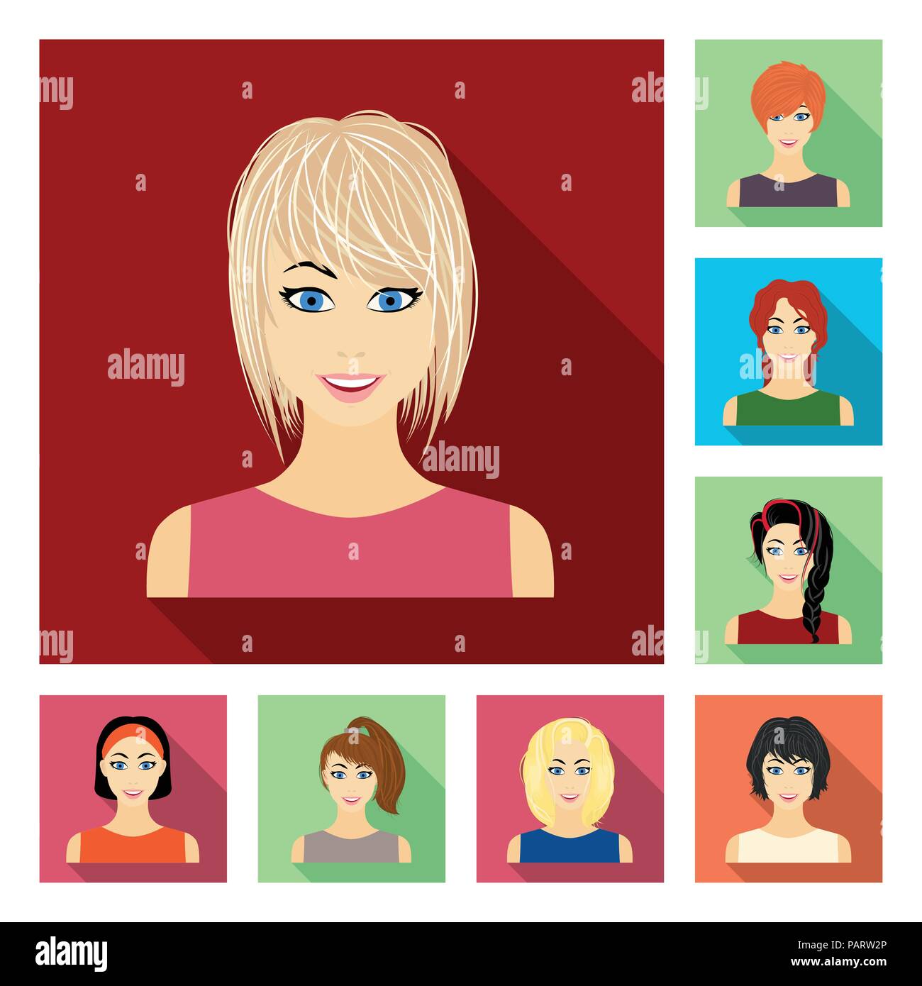 Types Of Female Hairstyles Flat Icons In Set Collection For Design