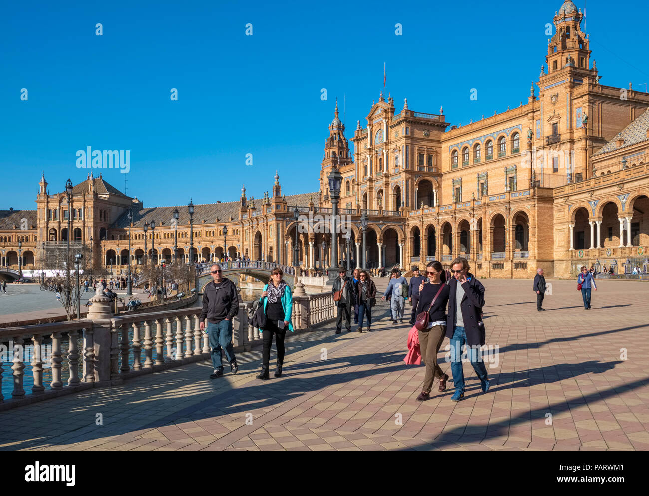 Tourists in Plaza de Espana, Seville, Spain, Europe Stock Photo