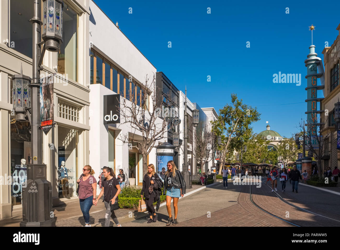Shops and stores at the upmarket shopping mall, The Grove at the Farmers Market, Los Angeles, California, USA Stock Photo