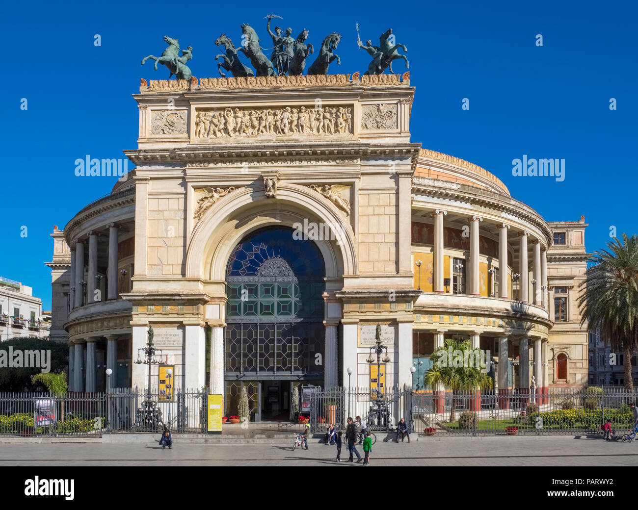 The Politeama Theatre, Teatro Politeama facade, Palermo, Sicily in Piazza Politeama with a bronze Quadriga Stock Photo