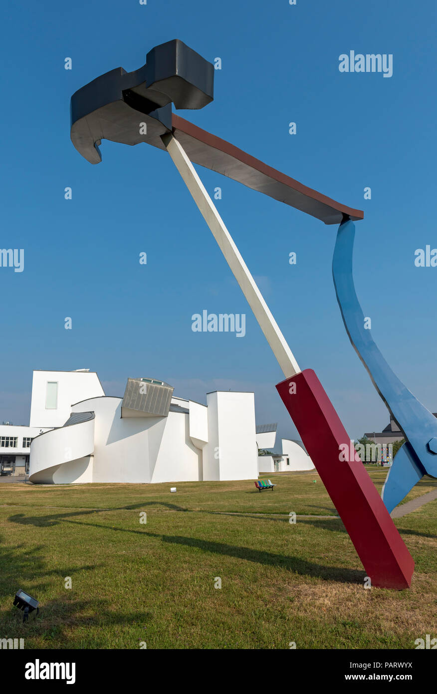 Balancing Tools sculpture by Claes Oldenburg & Coosje van Bruggen in front of Vitra Design Museum in Weil am Rhein, Germany Stock Photo