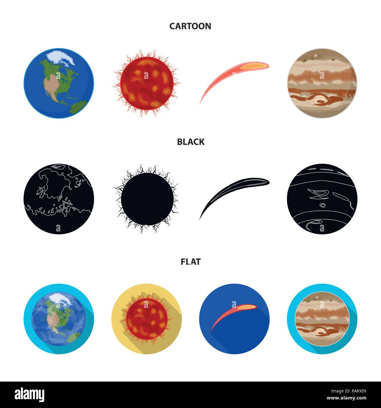 Earth Jupiter the Sun of the Planet of the Solar System. Asteroid meteorite. Planets set collection icons in cartoon black flat style vector symbol Stock Vector Image Art Alamy