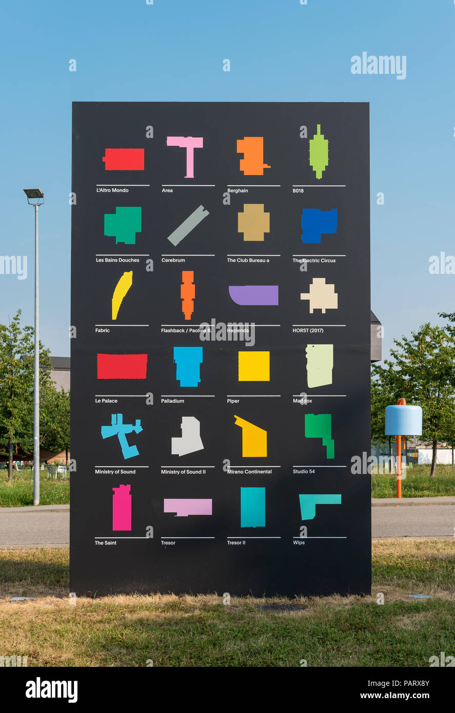 Banner with floor plans of music clubs promoting Night Fever exhibition at Vitra Design Museum in Weil am Rhein, Germany Stock Photo