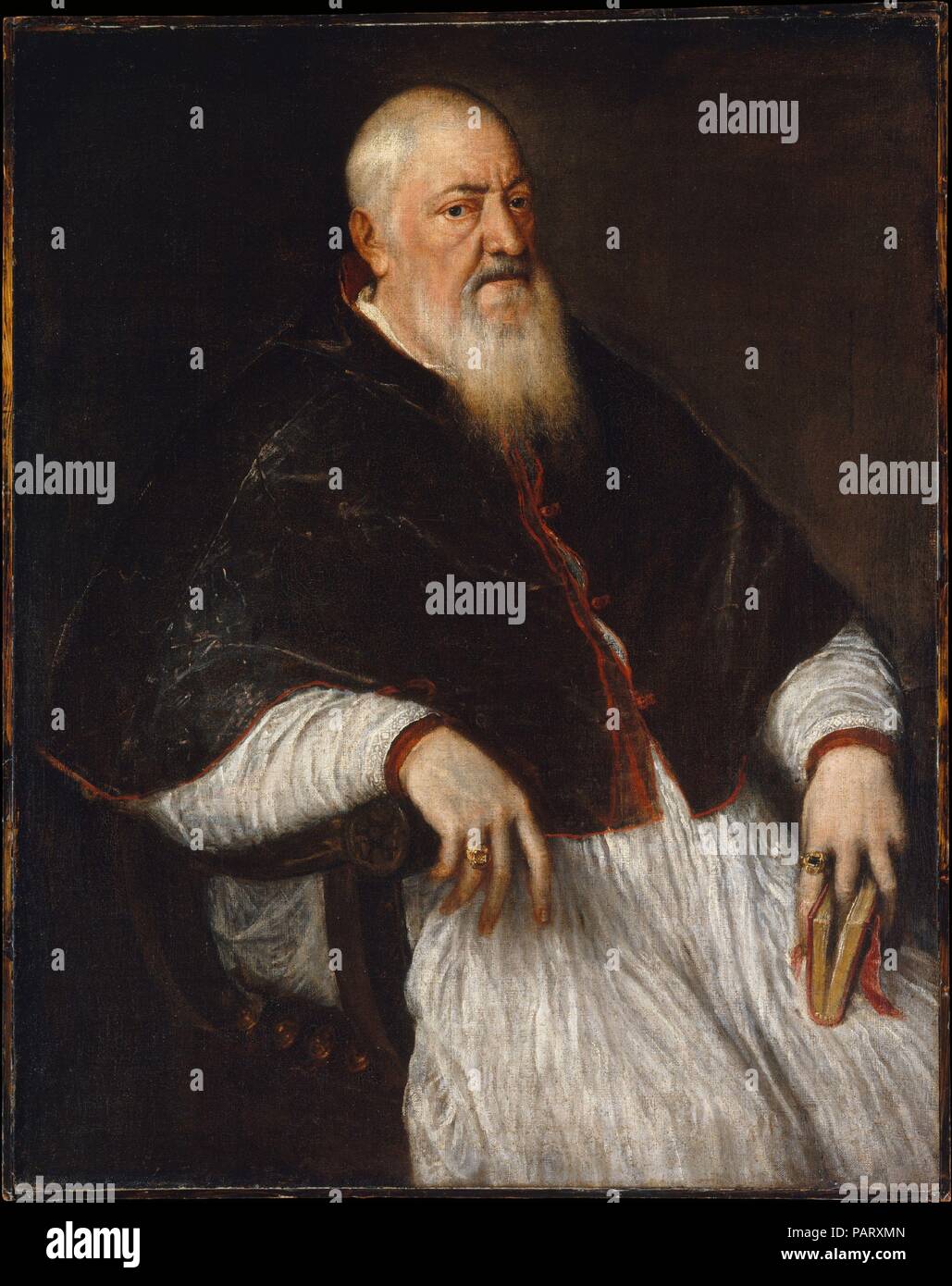 Filippo Archinto (born about 1500, died 1558), Archbishop of Milan. Artist: Titian (Tiziano Vecellio) (Italian, Pieve di Cadore ca. 1485/90?-1576 Venice). Dimensions: 46 1/2 x 37 in. (118.1 x 94 cm). Date: mid-1550s.    The Milanese Filippo Archinto was a remarkable Catholic cleric who attended the Council of Trent and zealously fought against heresy. Titian painted him when Archinto served as papal nuncio in Venice. Soon afterwards, he was confirmed as Archbishop of Milan, but intrigue worthy of the theater kept him from taking up his role and he died in exile. Titian's portrayal of him is su Stock Photo