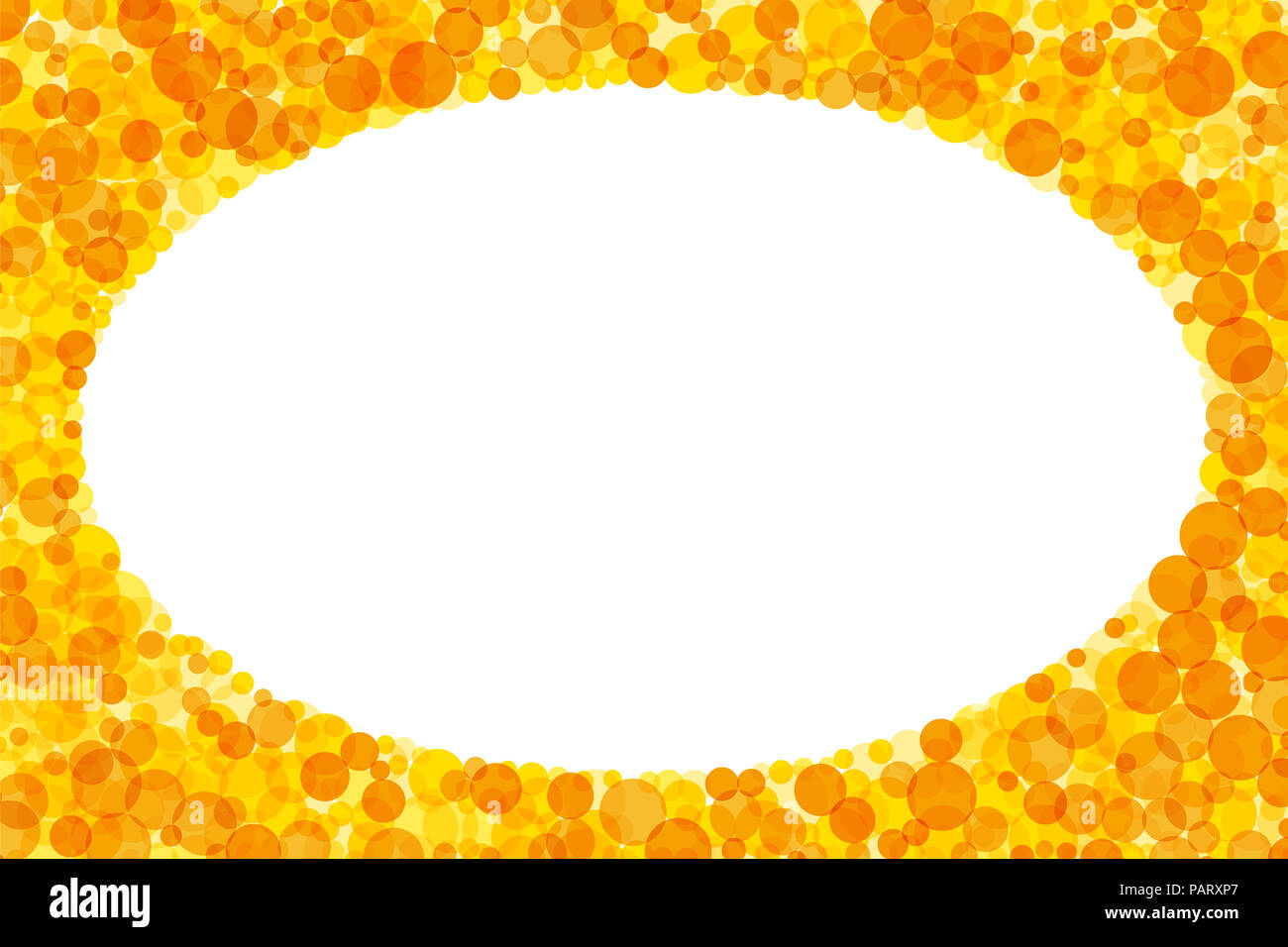 Oval frame and background made of yellow and orange dots. Bright translucent spots forming a rectangle frame with a white elliptical space inside. Stock Photo