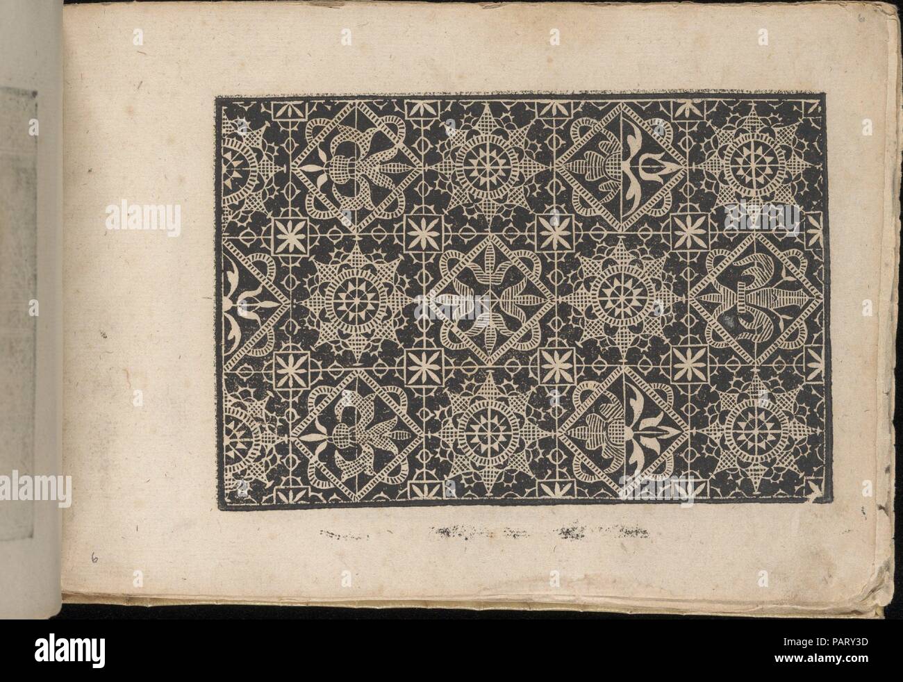 Fiori di Ricami Nuovamente Posti in Luce, page 6 (recto). Designer: Matteo Florimi (Italian, active Siena, ca. 1581-died 1613). Dimensions: Overall: 5 1/2 x 7 7/8 in. (14 x 20 cm). Published in: Venice. Publisher: Francesco de' Franceschi (Italian, active 16th century) , Venice. Date: 1591.  Designed by Matteo Florimi, Italian, active Siena, ca. 1581-died 1613, published by Francesco de' Franceschi, Italian, active 16th century, Venice.  From top to bottom, and left to right:  Design decorated with squares ornamented with an alternating pattern of circles with flowers at the center and diamond Stock Photo