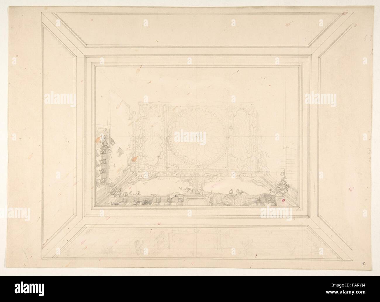 Design for a ceiling decorated with trellis work and a trompe l'oeil balustrade. Artist: Jules-Edmond-Charles Lachaise (French, died 1897); Eugène-Pierre Gourdet (French, born Paris, 1820-1889). Date: second half 19th century. Museum: Metropolitan Museum of Art, New York, USA. Stock Photo