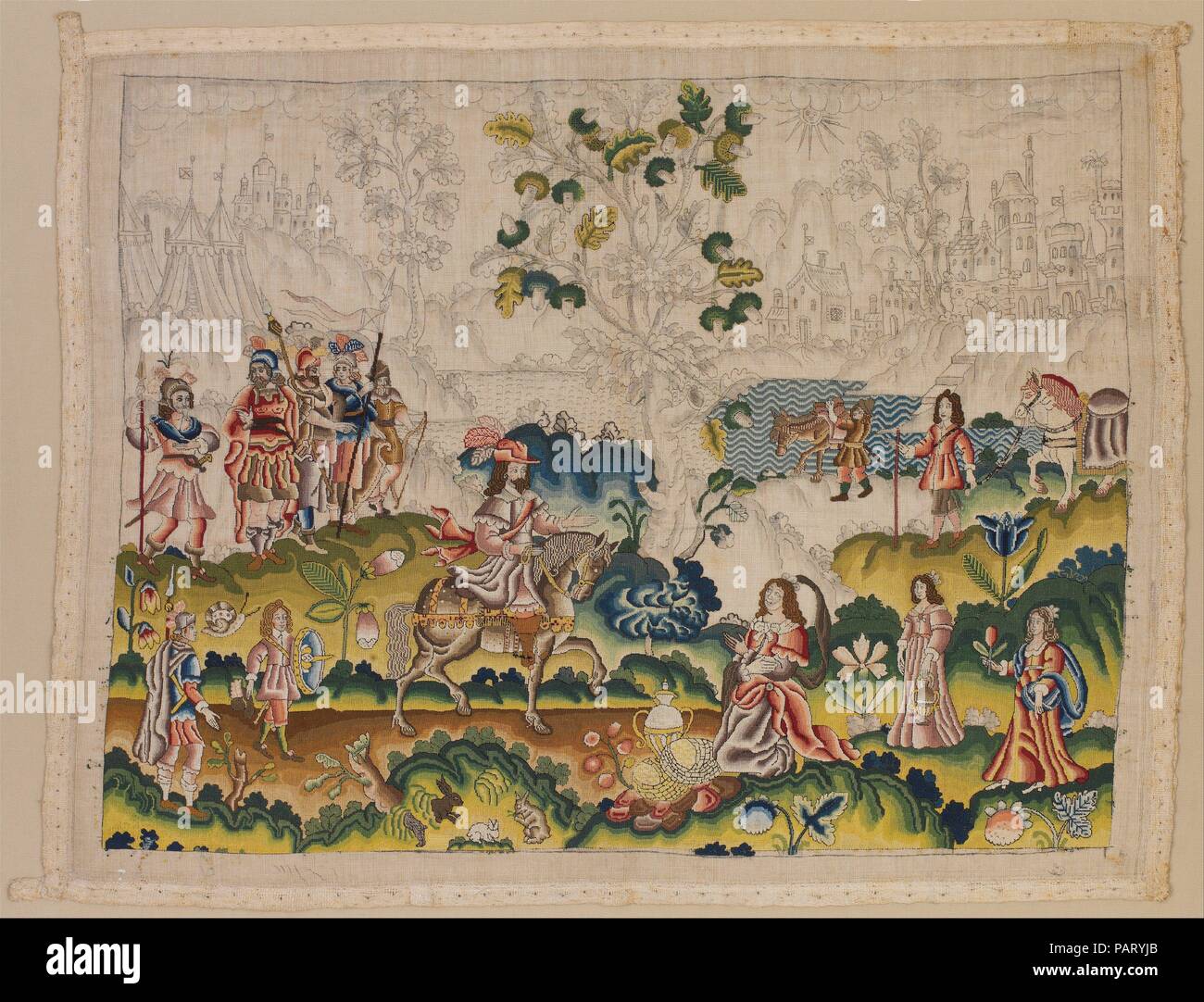 David and Abigail. Culture: British. Dimensions: H. 19 x W. 24 1/2 in. (48.3 x 62.2 cm). Date: mid-17th century.  This panel was probably intended as a cushion cover. It illustrates scenes from the life of the biblical patriarch Abraham, as recounted in the Book of Genesis. The central scene shows Abraham being informed by a host of angels that his wife Sarah will bear him a son, despite her advanced age. Other scenes include Abraham banishing his servant Hagar and her son by Abraham, Ishmael (lower left corner), and Abraham's attempted sacrifice of Sarah's son Isaac, the act he was ordered by Stock Photo