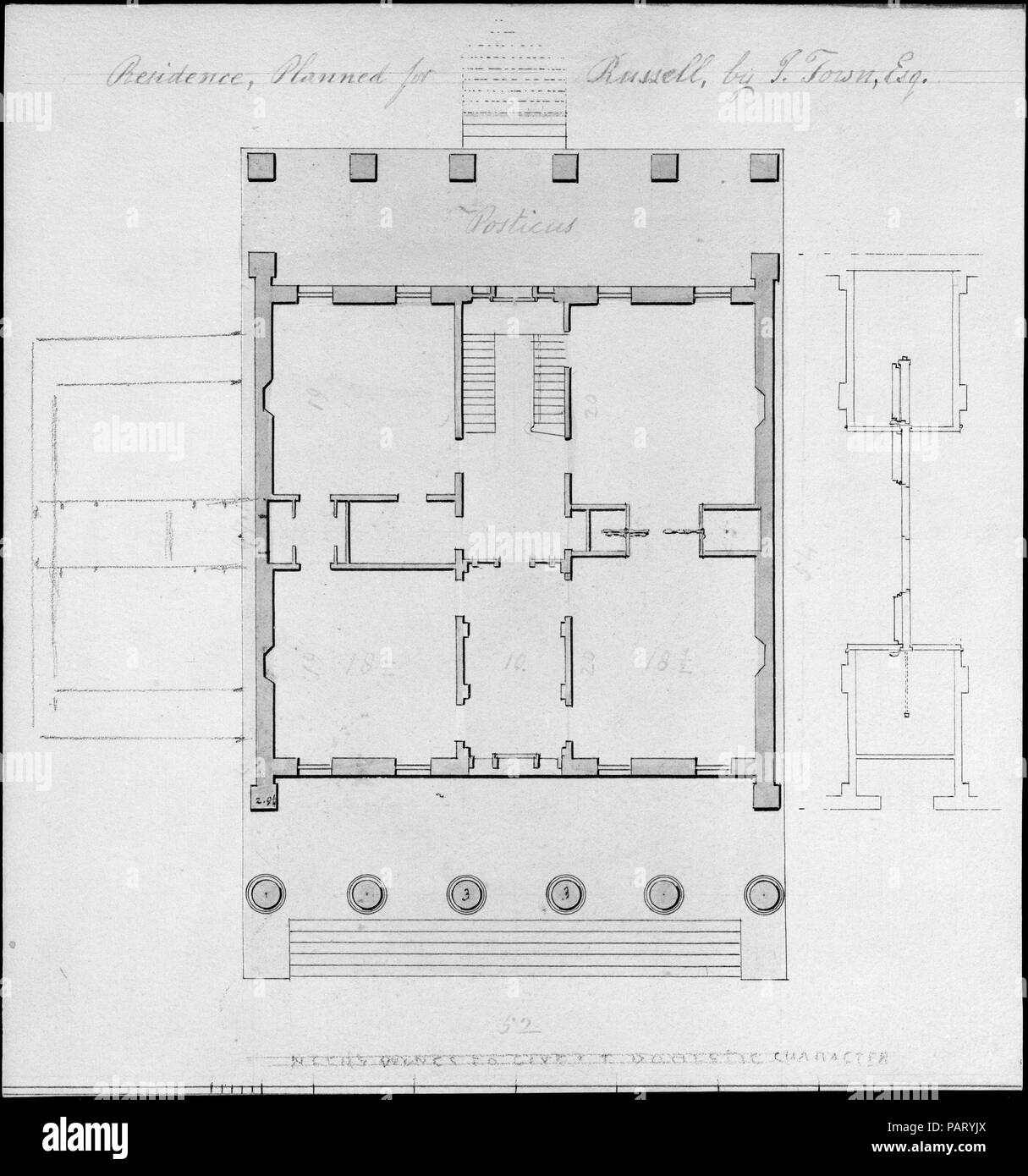 Residence, Planned for Russell, by I. Town, Esq. Artist: Alexander Jackson Davis (American, New York 1803-1892 West Orange, New Jersey); After Ithiel Town (American, Thompson, Connecticut 1784-1844 New Haven, Connecticut). Dimensions: Sheet: 7 1/16 × 6 5/8 in. (18 × 16.8 cm). Date: ca. 1828. Museum: Metropolitan Museum of Art, New York, USA. Stock Photo