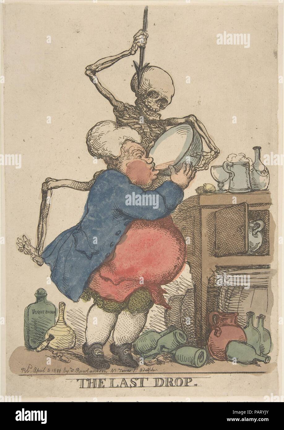 The Last Drop. Artist and publisher: Thomas Rowlandson (British, London 1757-1827 London). Dimensions: Sheet: 11 1/8 × 7 13/16 in. (28.3 × 19.9 cm). Date: April 5, 1801.  Standing on tiptoe, a short, heavy-bellied 'cit,' or City of London tradesman, struggles to drain a large punch bowl. In his haste, the tippler has abandoned ladle and glass and fails to notice the menacing skeleton, a literal representation of his fast approaching demise. Empty wine bottles on the floor signal hours of past indulgence, while the port and ale on the table indicate his intended future imbibing. The bottle mark Stock Photo