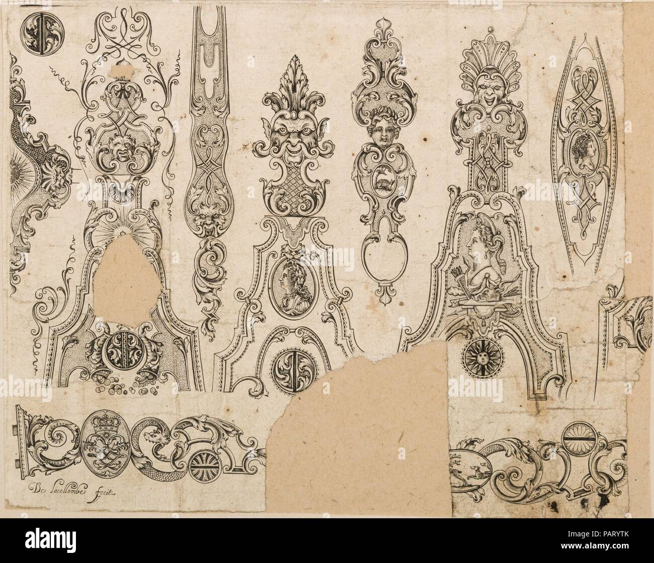 Plate Three from Nouveavx Desseins D'Arquebvseries. Culture: French, Paris. Dimensions: sheet: 8 x 6 3/8 in. (20.3 x 16.2 cm). Engraver: De Lacollombe (French, Paris, active ca. 1702-ca. 1736). Date: ca. 1730.  The beautiful and inventive ornament designs in pattern books were intended for the practical needs of artists and craftsman. Some, like this example, are literally shopworn, showing stains and other damage from use in an active workshop. Museum: Metropolitan Museum of Art, New York, USA. Stock Photo