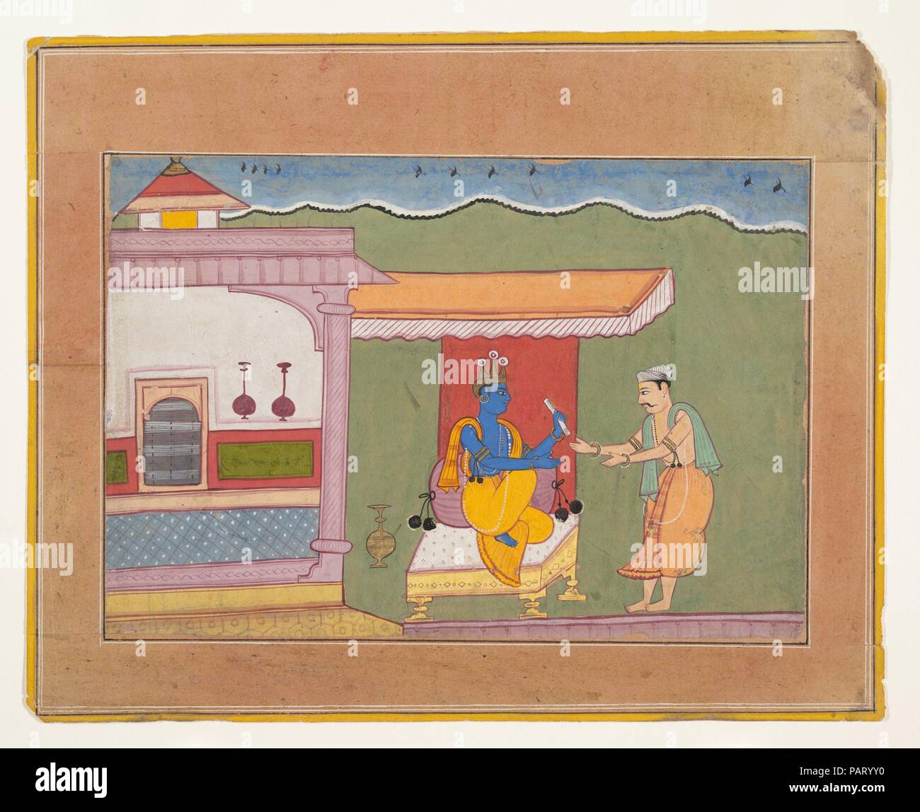 The Brahmin Delivers Rukmini's Letter to Krishna: Page from a Dispersed Bhagavata Purana (Ancient Stories of Lord Vishnu). Culture: India (Rajasthan, Bikaner). Dimensions: 6 3/4 x 9 7/8 in. (17.1 x 25.1 cm). Date: ca. 1610.  Krishna, seated on a throne, holds a letter from his future wife, Rukmini, delivered by the Brahmin standing before him (Bhagavata Purana 10.52.37-.43). Museum: Metropolitan Museum of Art, New York, USA. Stock Photo