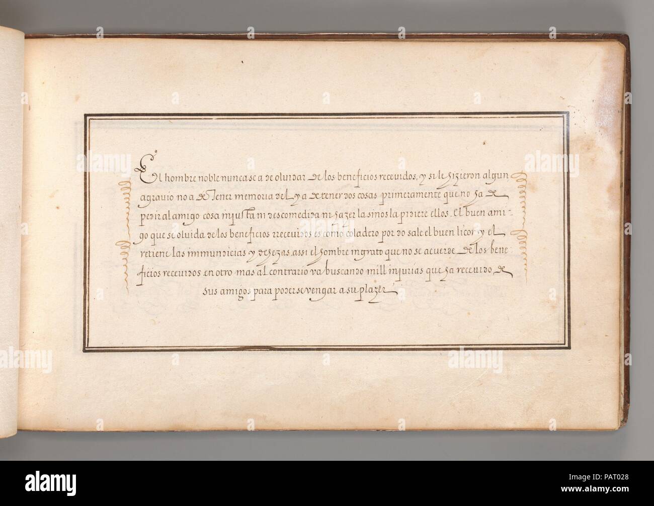 Calligraphic Excersize in Spanish. Artist: Anonymous French or Flemish. Dimensions: Overall: 6 3/4 × 11 1/16 in. (17.1 × 28.1 cm). Date: early 17th century.  Calligraphic exercize in Spanish, presented in a double rectangular frame. The text runs for seven lines starting with the words 'El hombre noble nuncase a se olvidar  (...). The text is flanked by two calligraphic swirls on each side. Part of an album with 26 examples of calligraphy and micrography, thought to have been produced in France or possibly Antwerp at the beginning of the seventeenth century. Museum: Metropolitan Museum of Art, Stock Photo