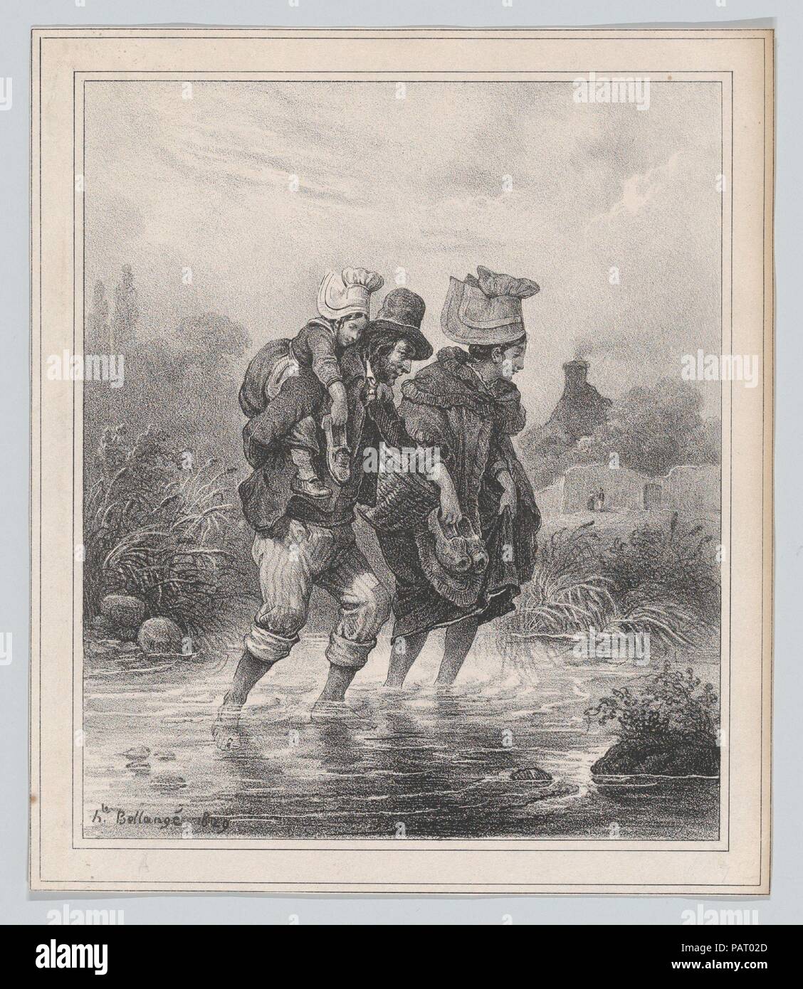 Man, Woman and Child Crossing a Stream. Artist: Hippolyte Bellangé (French, 1800-1866). Dimensions: Sheet: 7 3/8 × 6 5/16 in. (18.7 × 16 cm)  Image: 6 1/2 × 5 7/16 in. (16.5 × 13.8 cm). Date: 1829. Museum: Metropolitan Museum of Art, New York, USA. Stock Photo