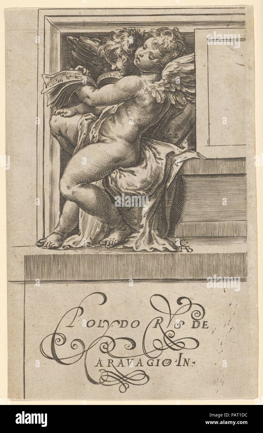 Two seated angels, facing left, reading from a song book, from The Angels' Concert. Artist: Cherubino Alberti (Zaccaria Mattia) (Italian, Borgo Sansepolcro 1553-1615 Rome); After Polidoro da Caravaggio (Italian, Caravaggio ca. 1499-ca. 1543 Messina). Dimensions: Sheet: 7 1/2 × 4 13/16 in. (19 × 12.2 cm). Series/Portfolio: The Angels' Concert. Date: 1583. Museum: Metropolitan Museum of Art, New York, USA. Stock Photo