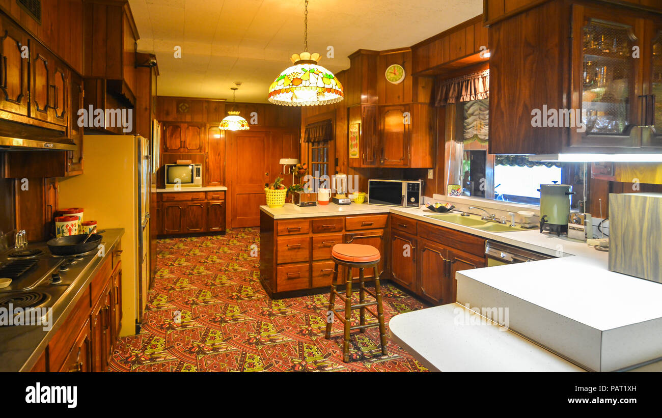 Memphis, TN - Sep. 21, 2017: Kitchen room in Elvis Presley's Graceland Mansion. The mansion is listed in the National Register of Historic Places. Stock Photo