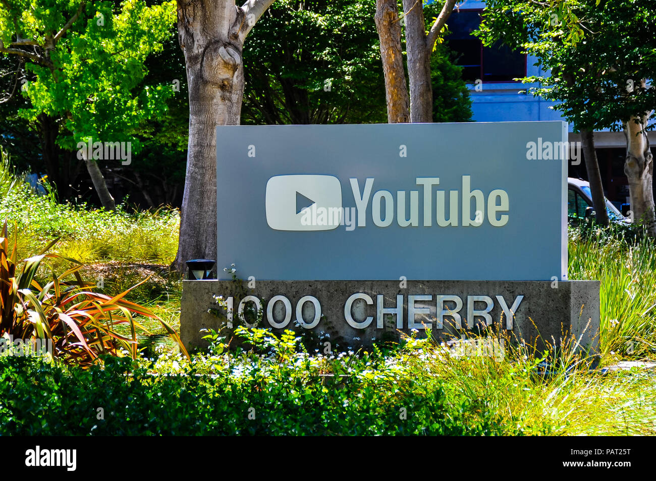 San Bruno, CA/USA - Jul. 8, 2018: Company sign marks entrance to YouTube headquarters in San Bruno, CA. Stock Photo