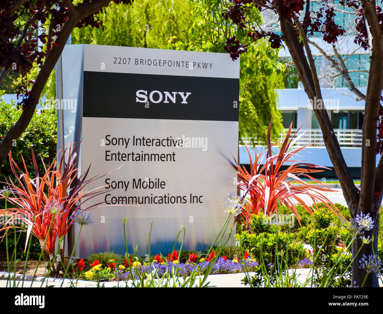 San Mateo, CA/USA - Jun.5, 2018: Sign marks entrance to Sony Interactive Entertainment & Sony Mobile Communications campus in San Mateo, CA. Stock Photo