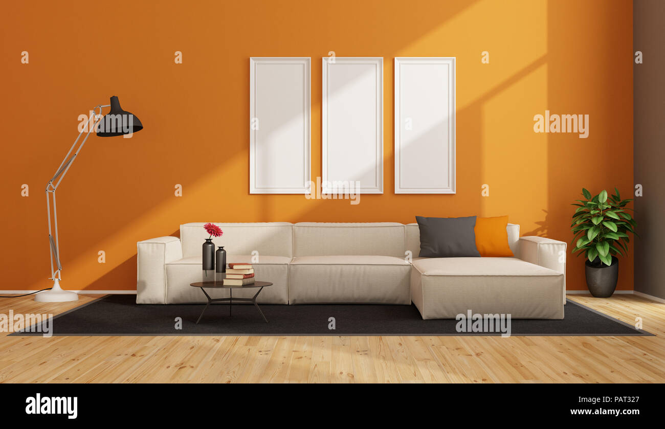 Orange living room with white sofa and floor lamp - 3d rendering Stock Photo