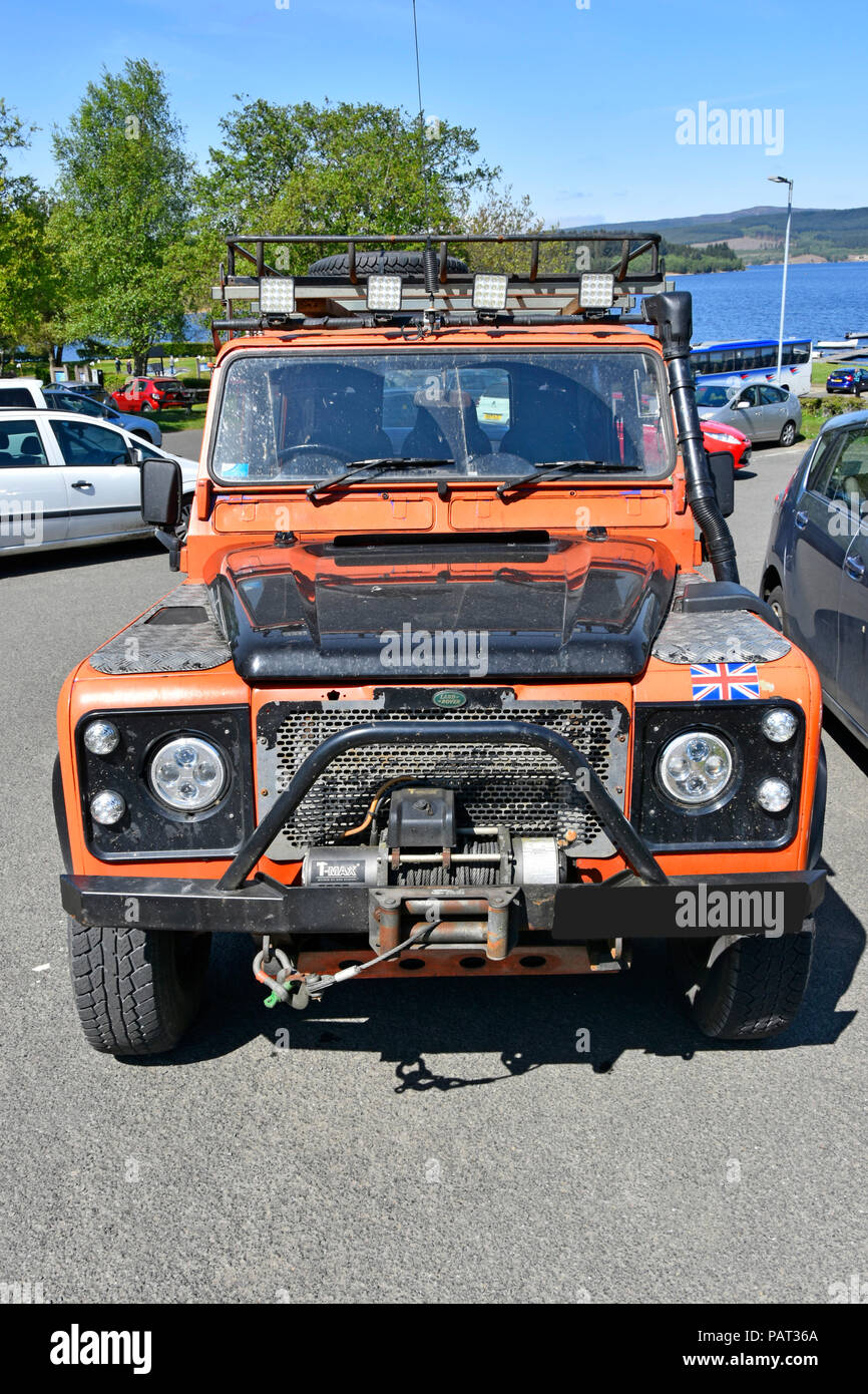 Land Rover off road 4x4 recovery vehicle front mounted T-Max cable winch & high level LED lighting parked Kielder Water Northumberland England UK Stock Photo