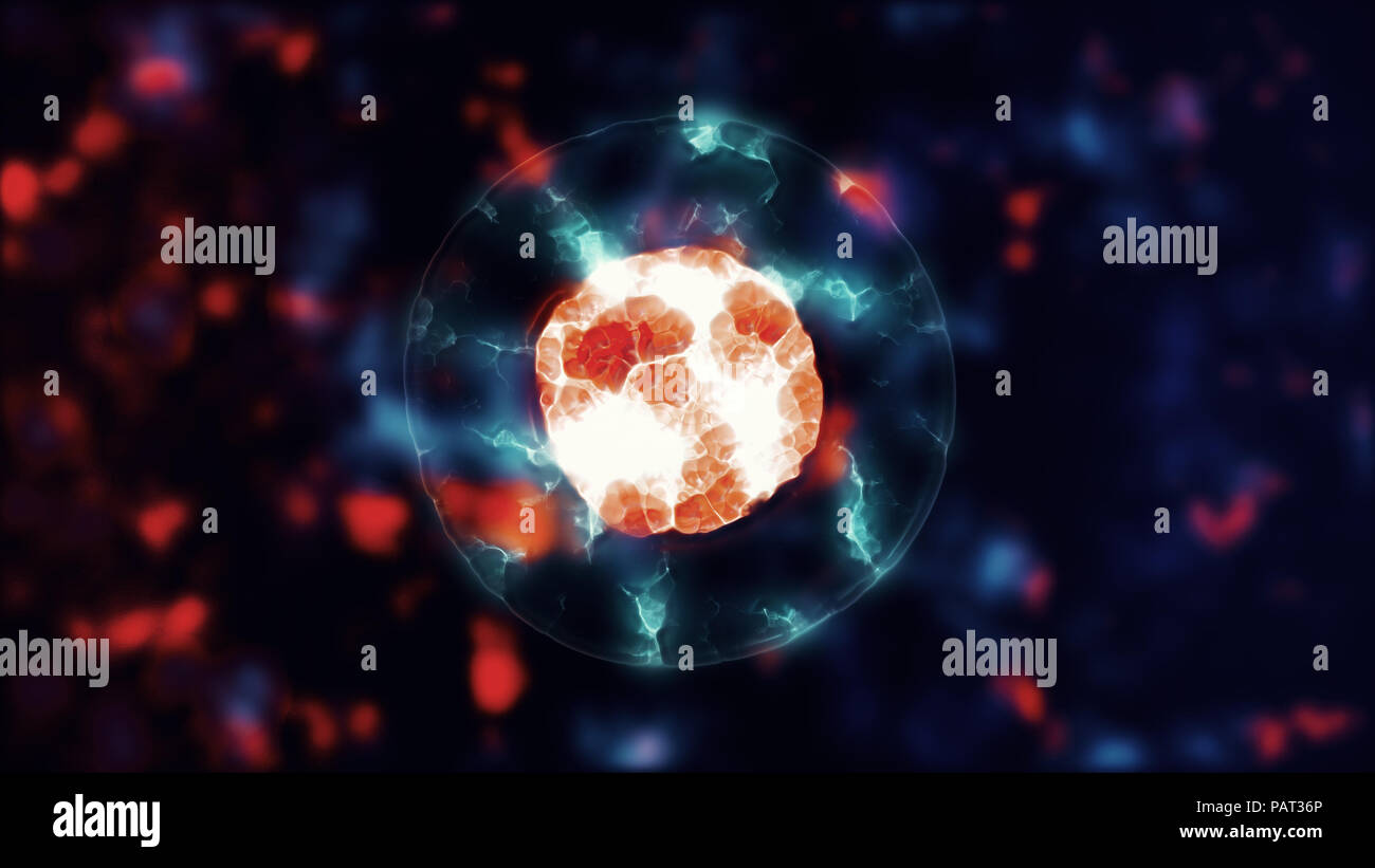 Cell mitosis. Cellular division of cell-like lifeform. Microbiology illustration of cells duplicating. Biology scientific concept of birth and life Stock Photo