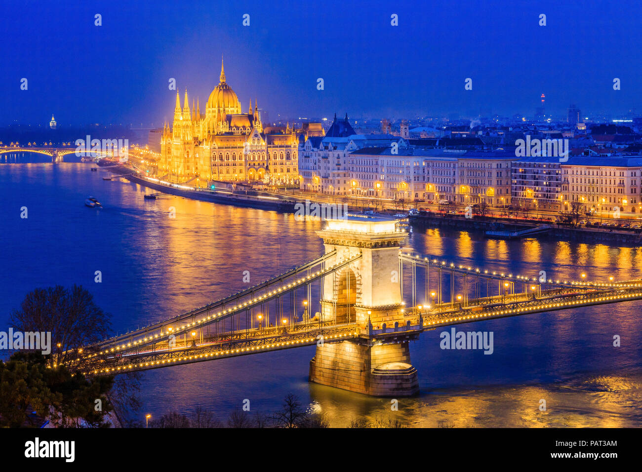 Budapest, Hungary.Panorama of Budapest, Hungary, with the Chain Bridge and the Parliament. Stock Photo