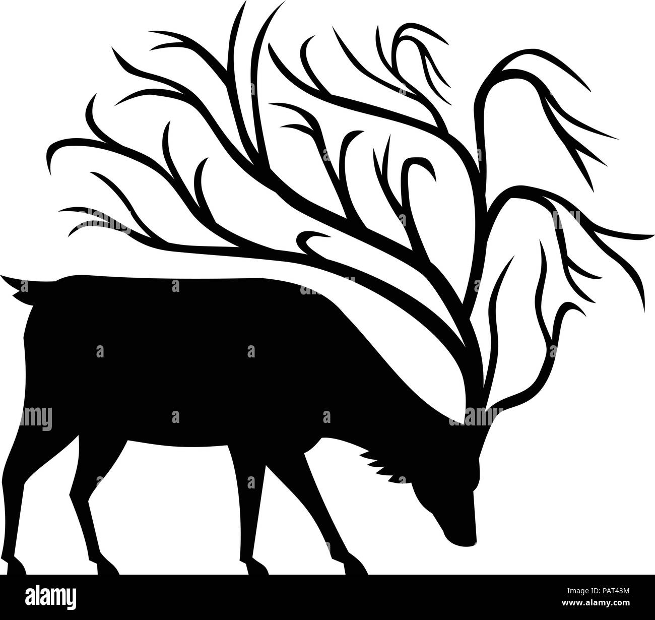 Mascot icon illustration of a black silhouette of a buck, stag or deer with tree-like antlers with branches, grazing viewed from side on isolated back Stock Vector