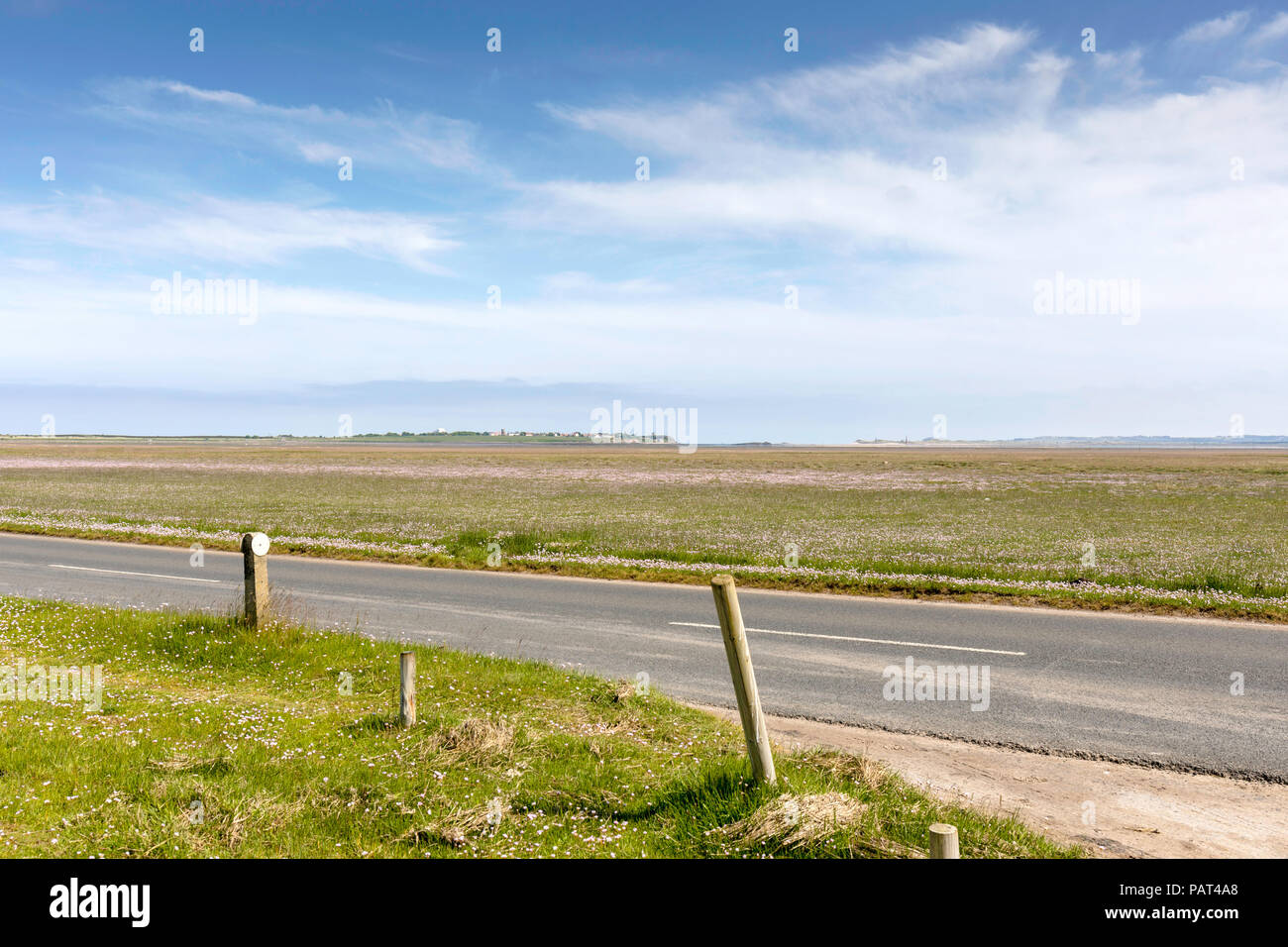 Cycling across the causeway to Lindisfarne Stock Photo