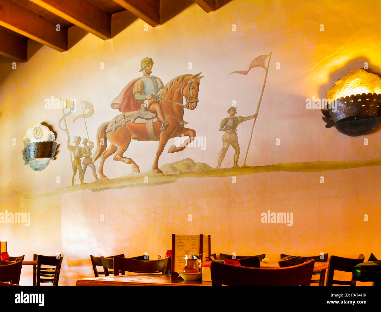 Drawing of Conquistador on a horse on wall of the La Placita, a Mexican restaurant, the oldest restaurant in old town Albuquerque, NM, USA Stock Photo