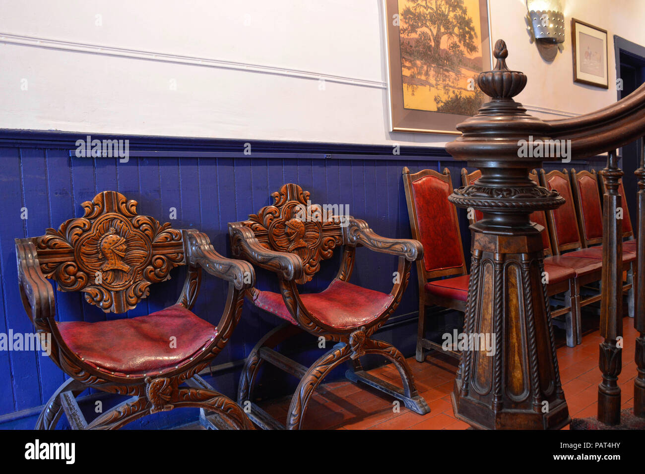 Beautifully ornate Spanish furniture and decor in historic La Placita restaurant's lobby, is said to be haunted in Old Town Albuquerque, NM Stock Photo