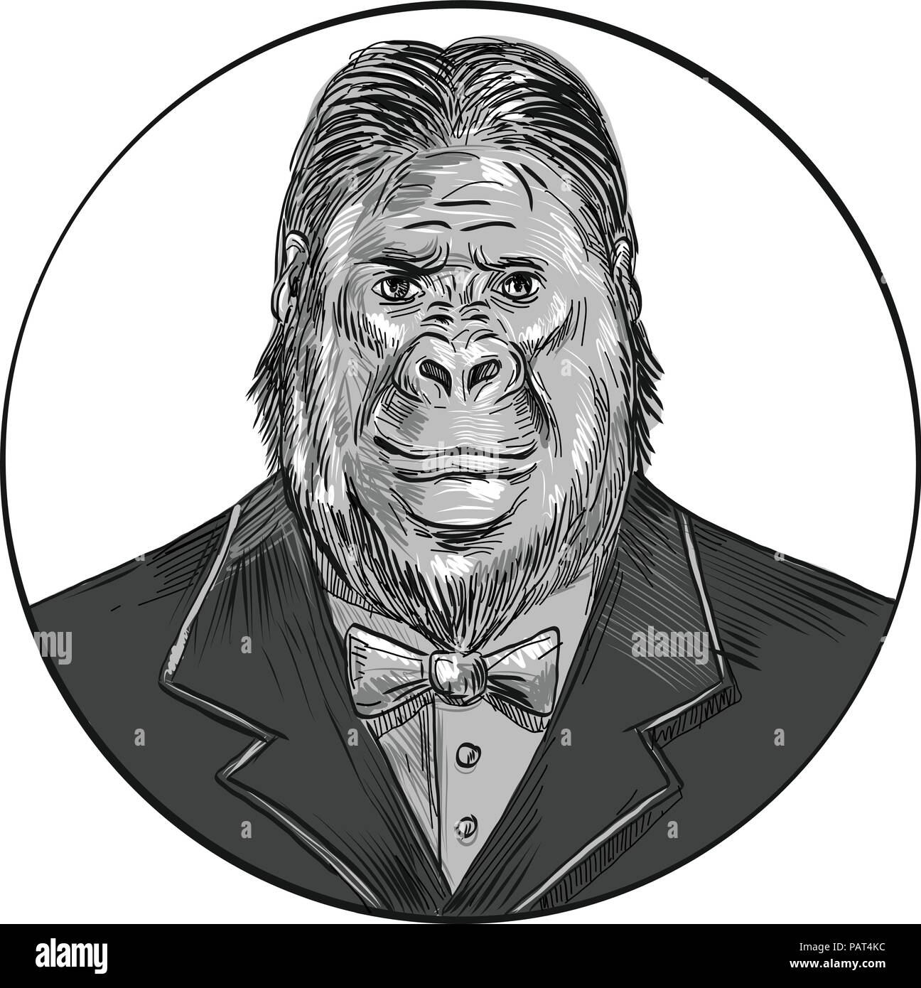 Drawing sketch style illustration of an elegant, hipster and well-groomed gorilla, ape or primate wearing a tuxedo or business suit and bow tie. Stock Vector