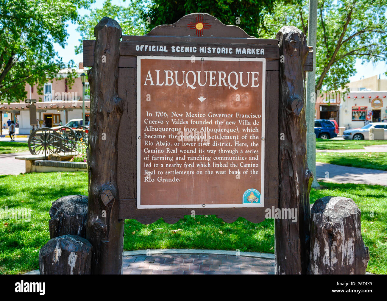 An official scenic historic marker on the square in old town Albuquerque commemorating the founding of Albuqurque, NM Stock Photo