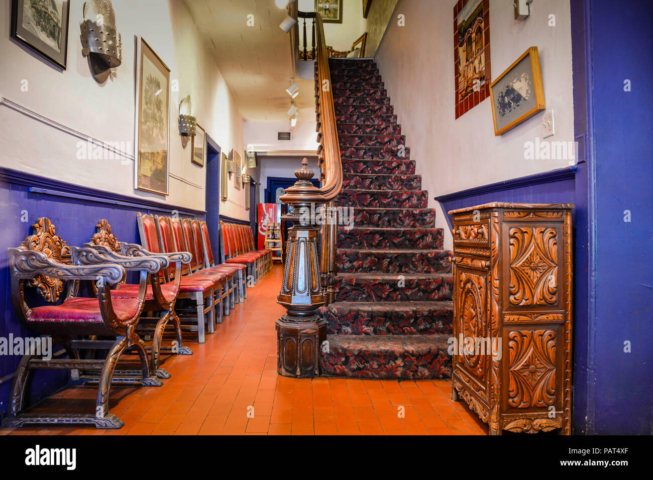 Beautifully ornate Spanish furniture and decor in historic La Placita restaurant's lobby, is said to be haunted in Old Town Albuquerque, NM Stock Photo