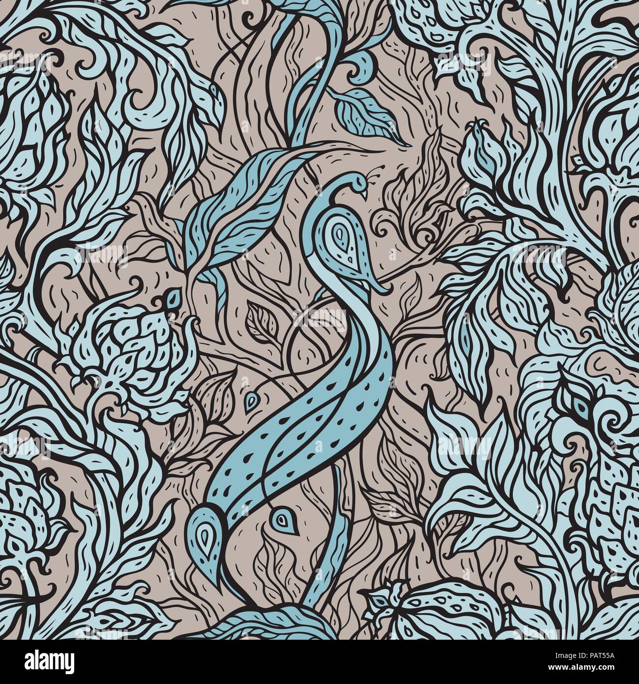 Paradise Bird in magic garden. Hand drawn seamless pattern. Stock Vector