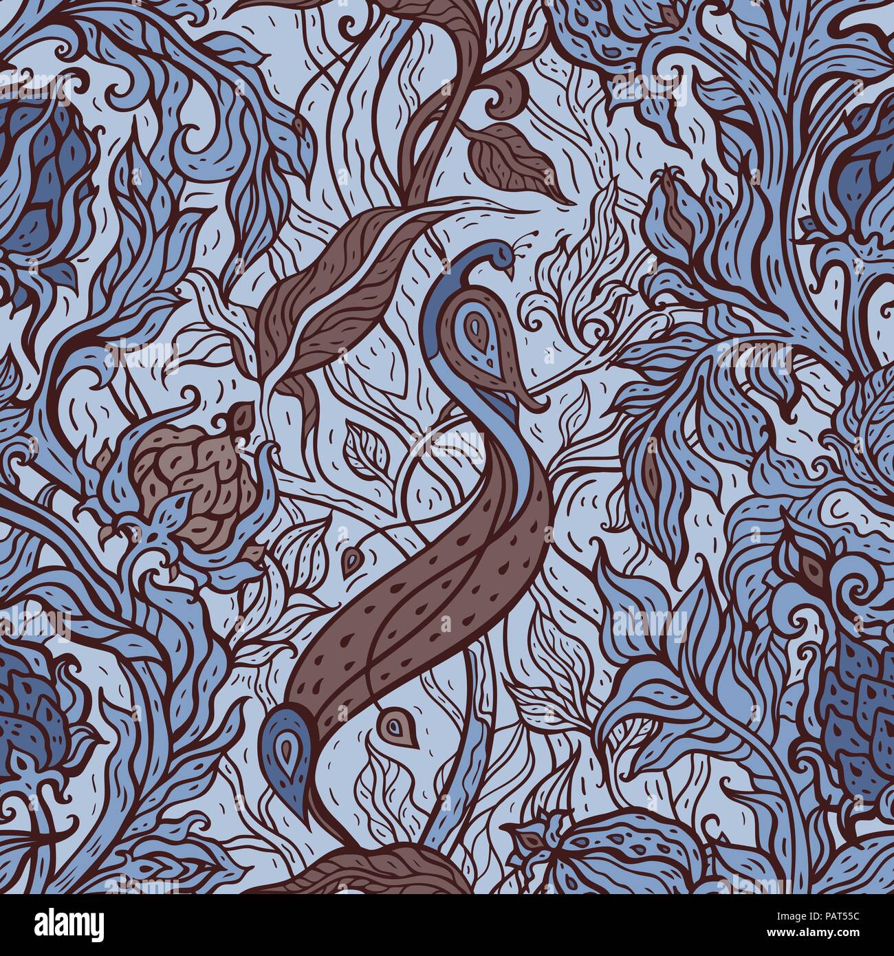 Paradise Bird in magic garden. Hand drawn seamless pattern. Stock Vector
