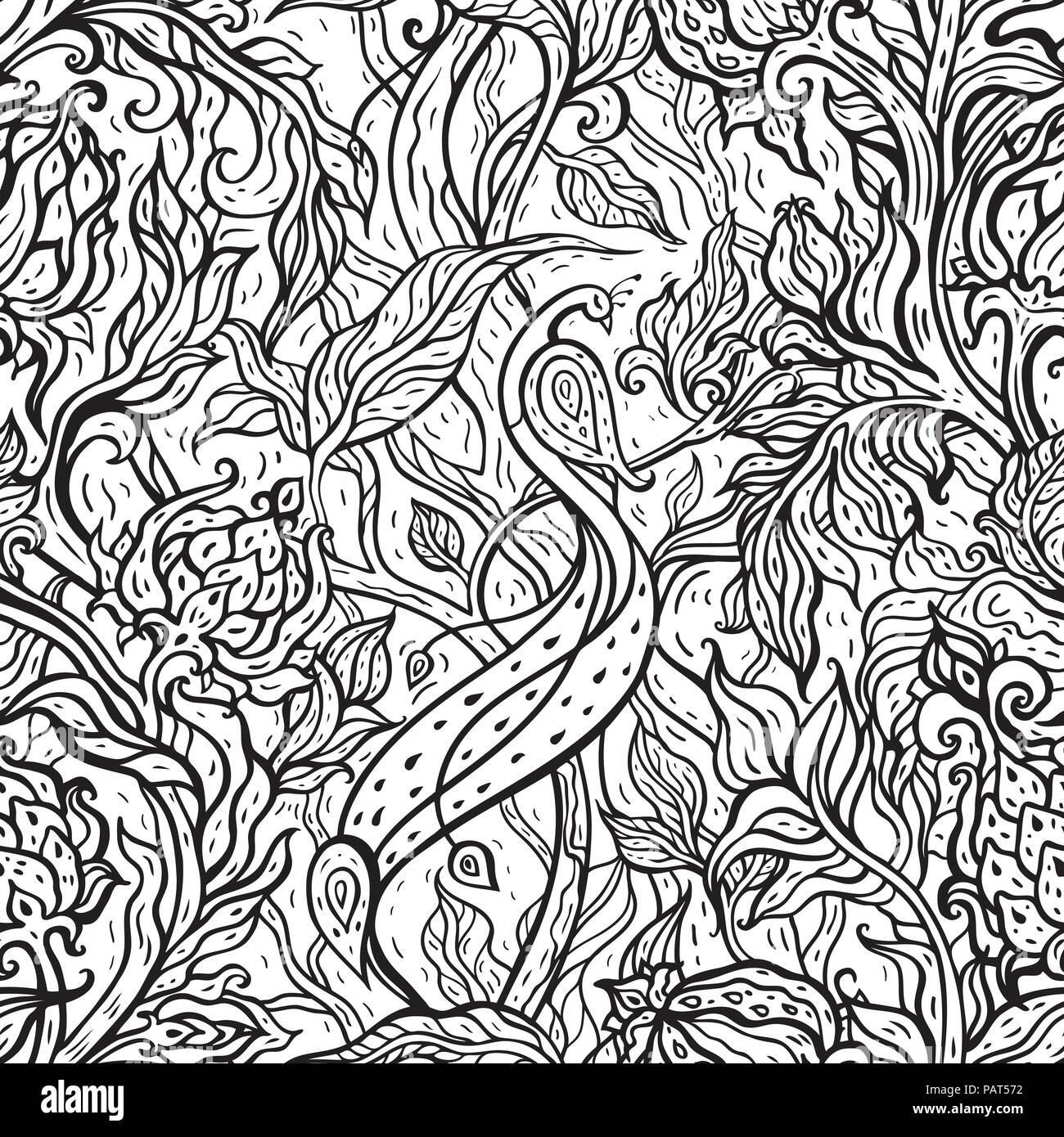 Paradise Bird in magic garden. Hand drawn seamless pattern. Stock Vector