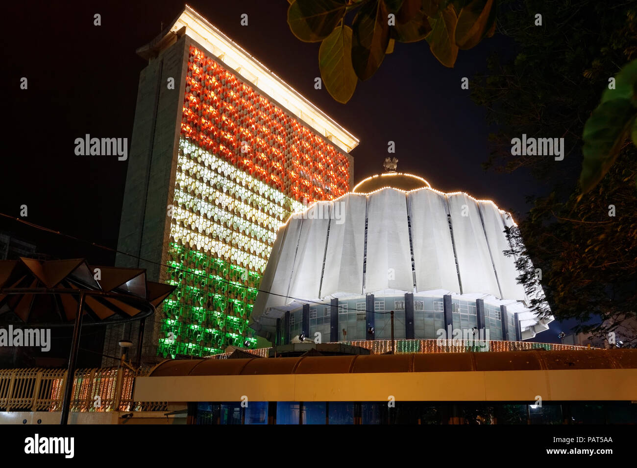 Legislative Assembly The Vidhan Sabha with lighting of Indian Tricolour at late evening on Republic Day Mumbai, India. Stock Photo