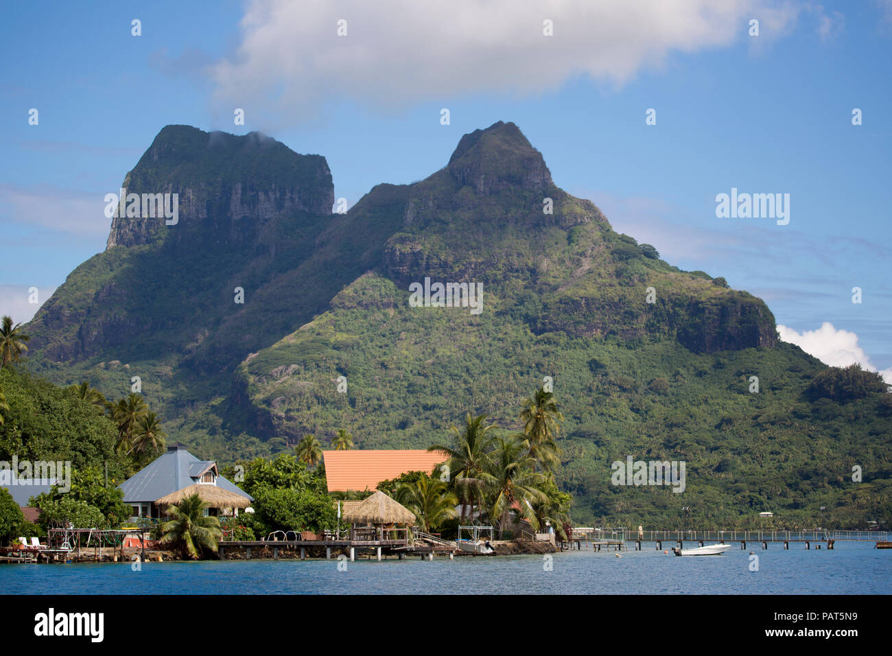 Pacific Ocean, French Polynesia, Society Islands, Bora Bora. View of Mount Otemanu and Mount Pahia. Stock Photo
