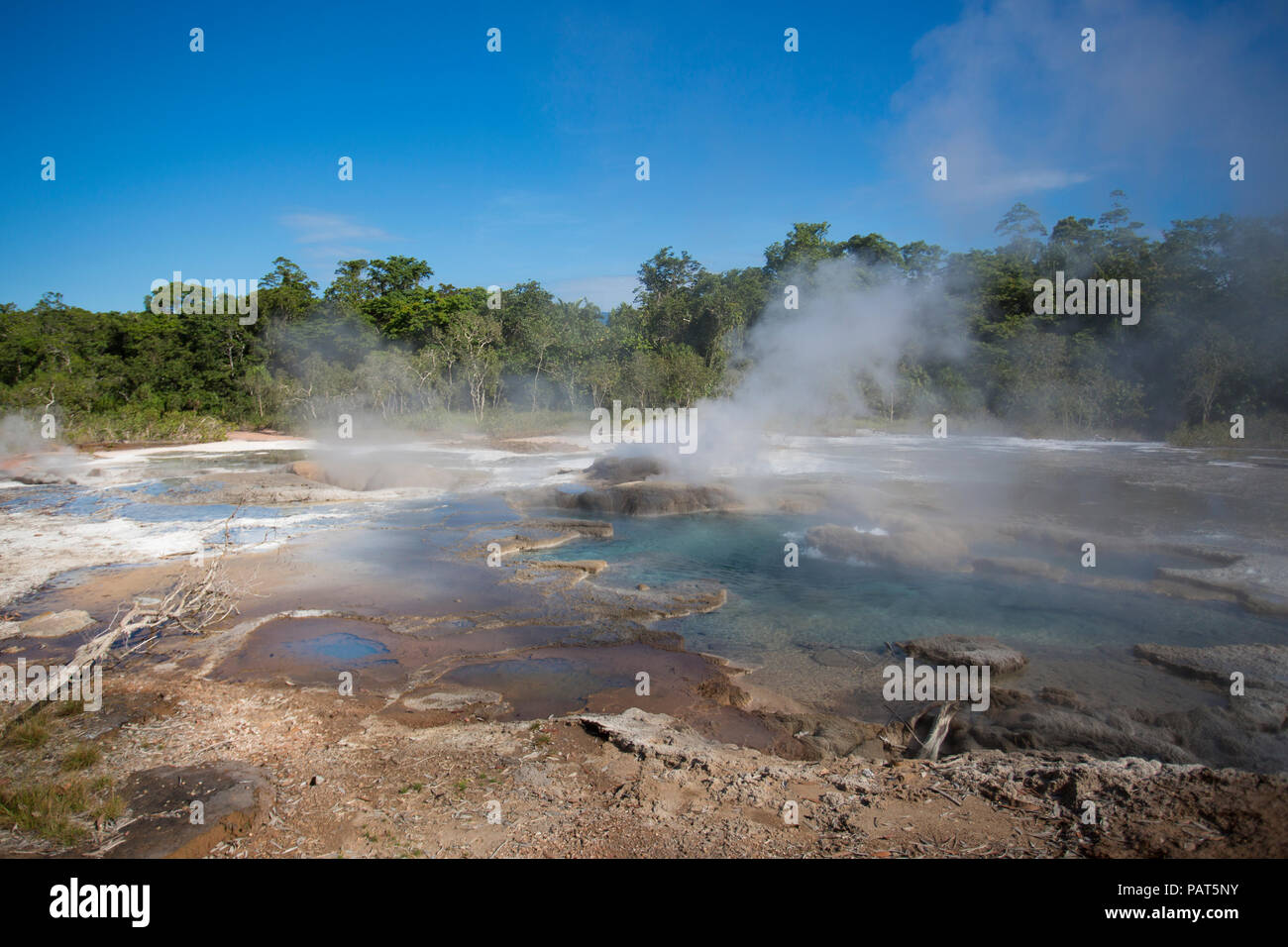 Papua New Guinea, Dei Dei Hot Springs, Fergusson Island. steam rising from a hot spring. Stock Photo