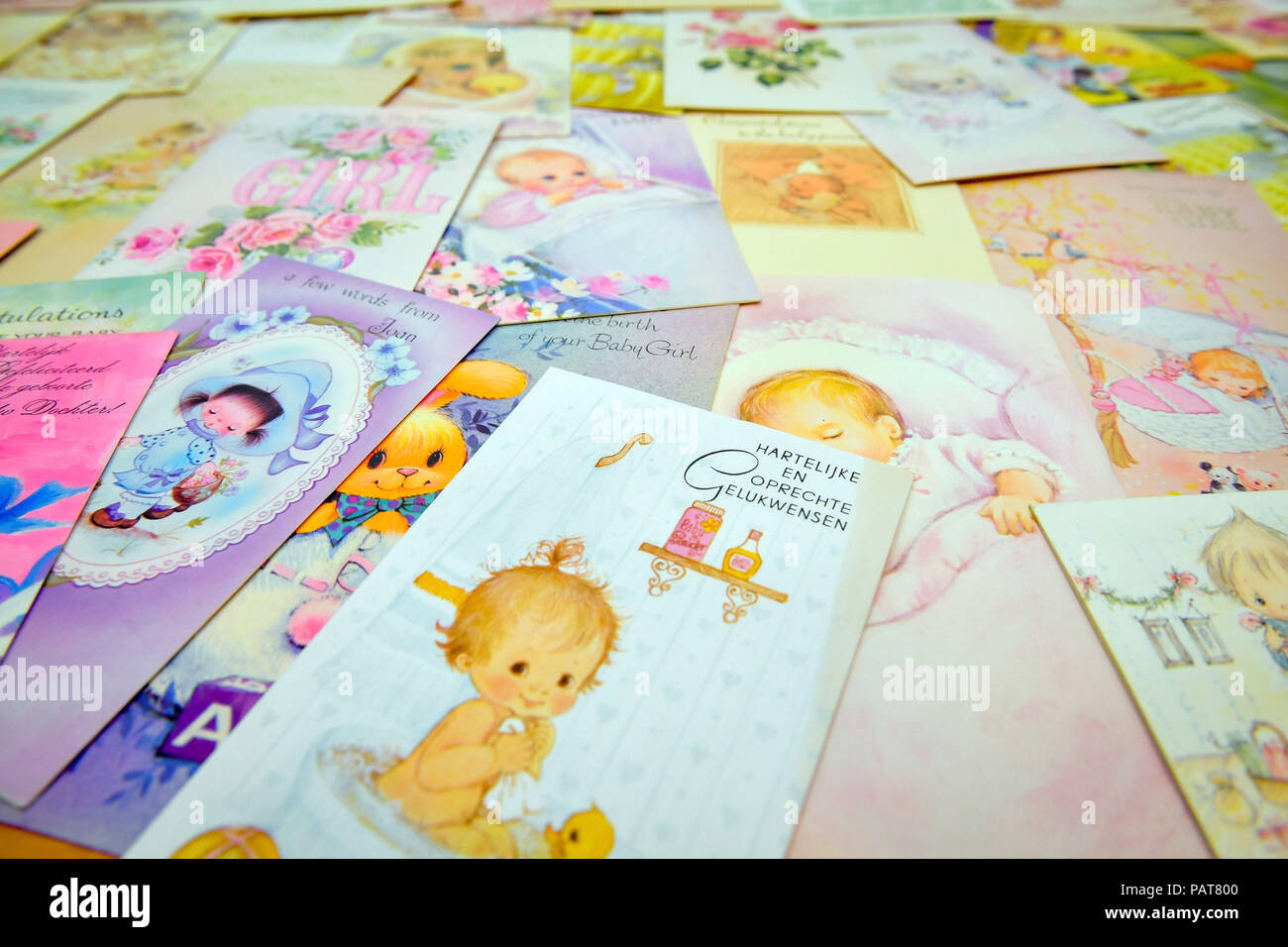 Baby congratulation cards, which form part of the Lesley Brown archive, a collection of items kept by the mother of the world's first test tube baby, Louise Brown, who is celebrating her 40th birthday on Wednesday. Stock Photo
