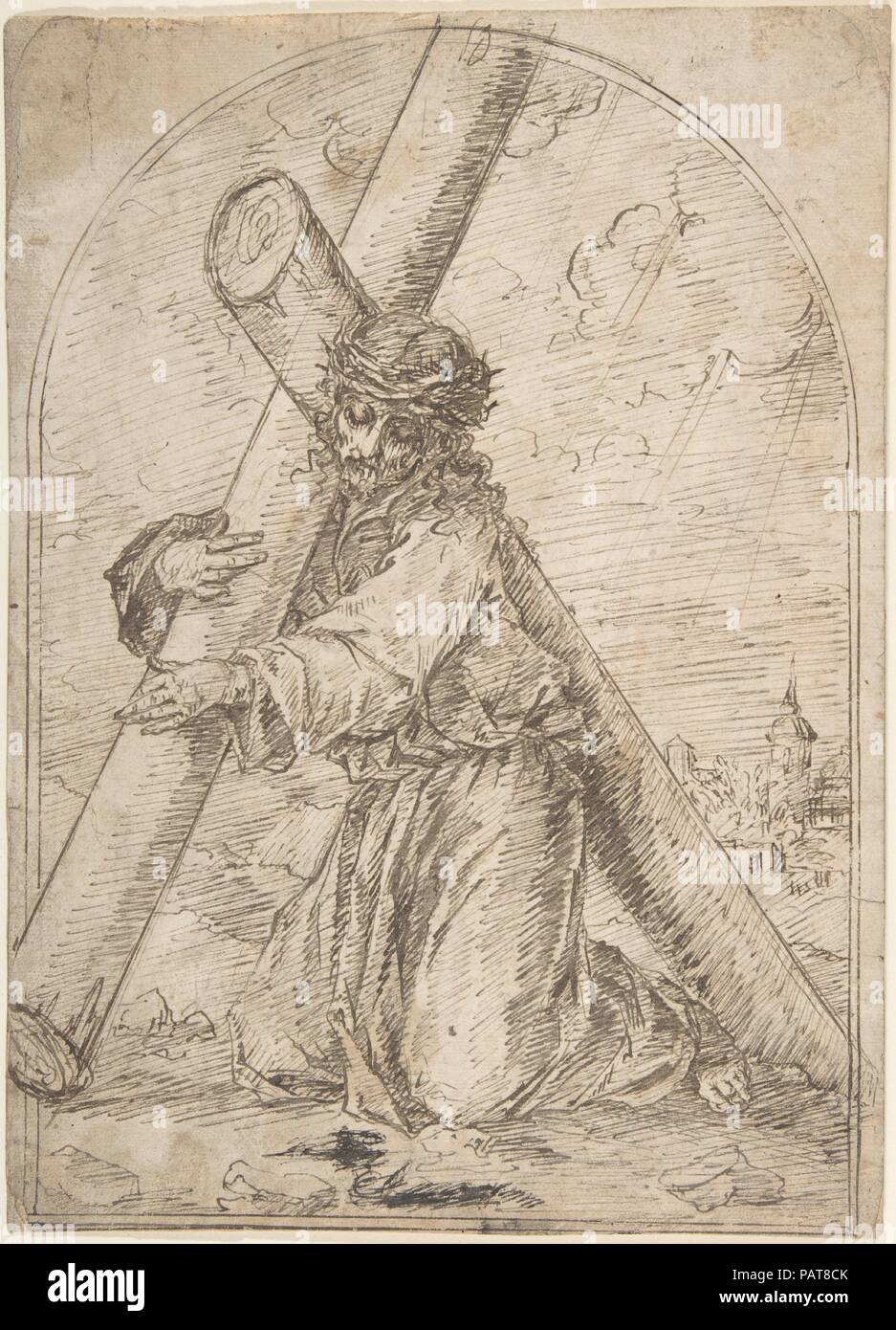 Christ Kneeling, Carrying the Cross. Artist: Anonymous, Spanish, 16th century. Dimensions: 11-3/8 x 8-1/4 in.  (28.9 x 21.0 cm). Date: 16th century. Museum: Metropolitan Museum of Art, New York, USA. Stock Photo