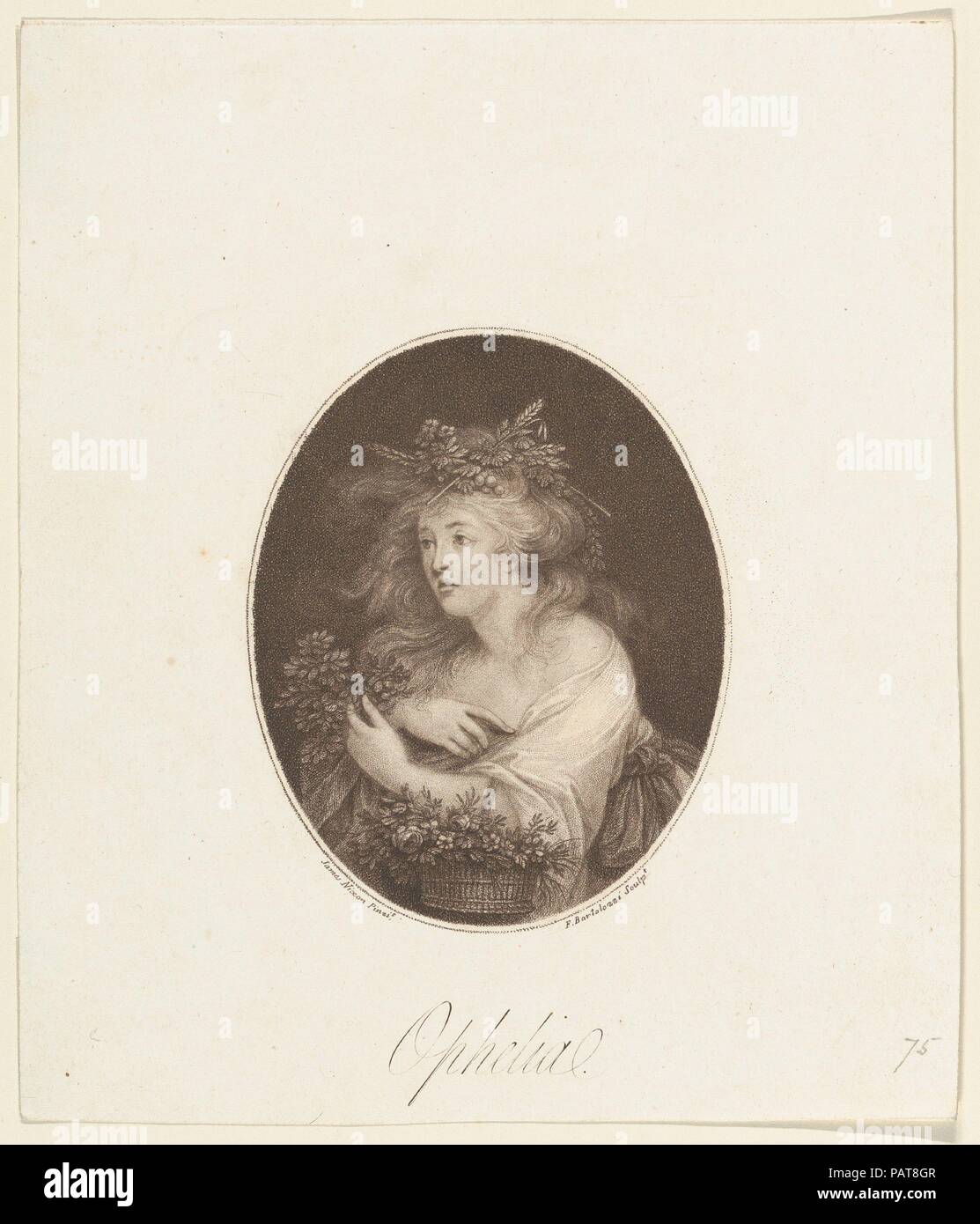 Ophelia (Shakespeare, Hamlet, Act 4). Artist: After James Nixon (British, ca. 1741-1812). Dimensions: oval image: 4 1/2 x 3 5/8 in. (11.4 x 9.2 cm)  sheet: 8 1/4 x 7 in. (21 x 17.8 cm). Engraver: Francesco Bartolozzi (Italian, Florence 1728-1815 Lisbon). Subject: William Shakespeare (British, Stratford-upon-Avon 1564-1616 Stratford-upon-Avon). Date: 1784.  Ophelia appears in act 4 of Shakespeare's play, her mind unhinged by her father's murder. Singing nonsense rhymes, she distributes herbs to the king, queen and her brother then, soon afterward, slips into a stream while picking flowers, and  Stock Photo