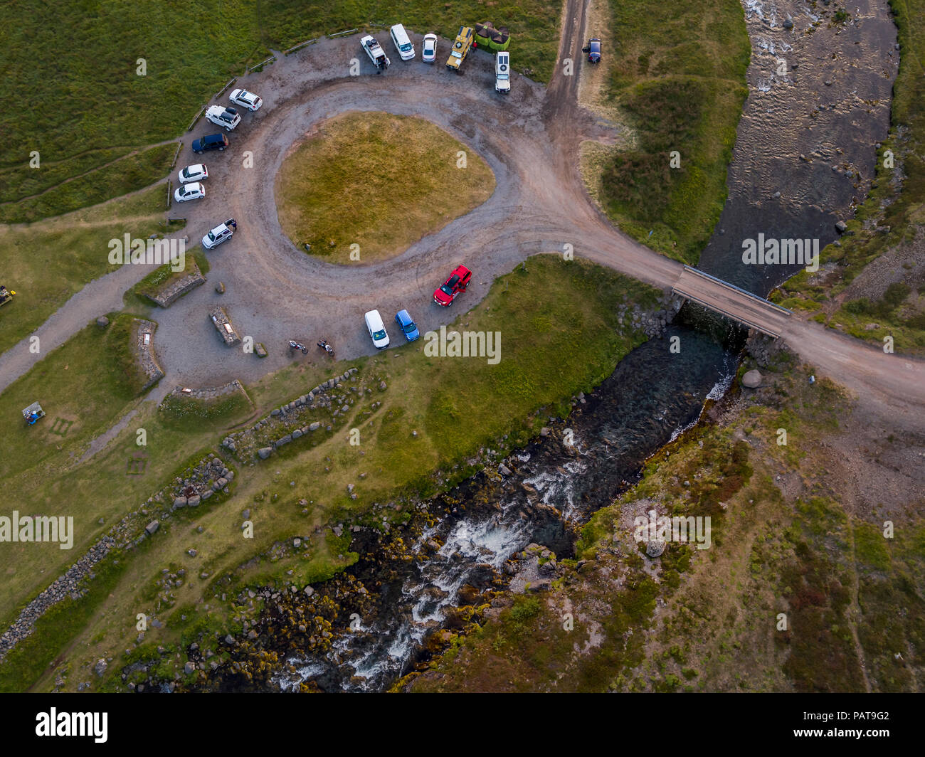 Aerial of view of parking lot by  Dynjandi Waterfall, West Fjords, Iceland Stock Photo