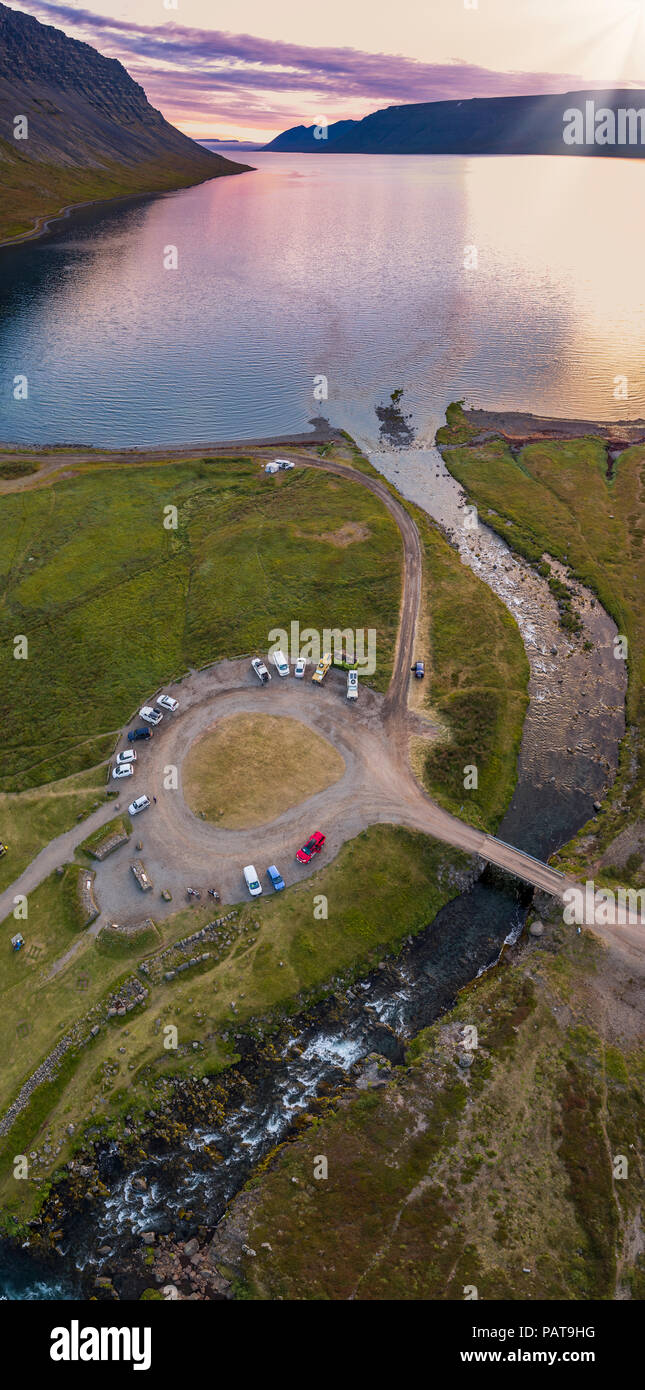 Parking lot and landscape by  Dynjandi Waterfall, West Fjords, Iceland Stock Photo