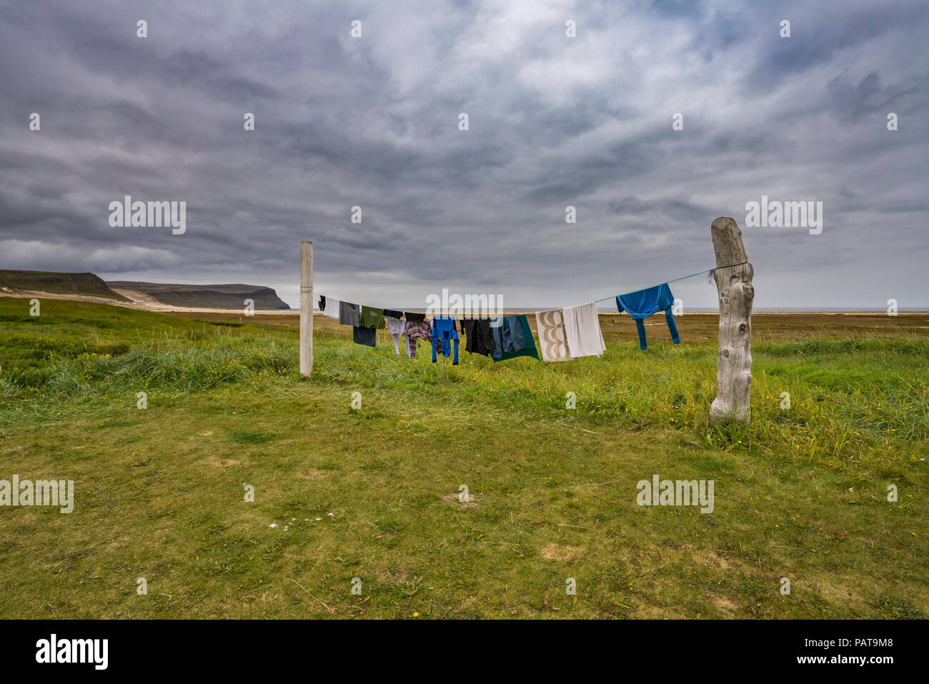 Clothes drying on a line, Breidavik, West Fjords, Iceland Stock Photo